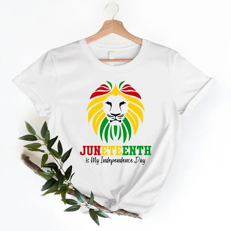 Juneteenth Is My Independence Day Slogan Tee Fun Cartoon Lion Graphic Tops Melanin Cotton Lady Top Custom T-shirt