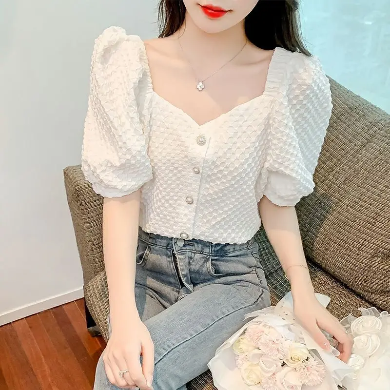 

Stylish Square Collar Bubble Sleeve Shirt Short Sleeve Open Cardigan Sweet Small Fragrance Style Fashionable Top for Women