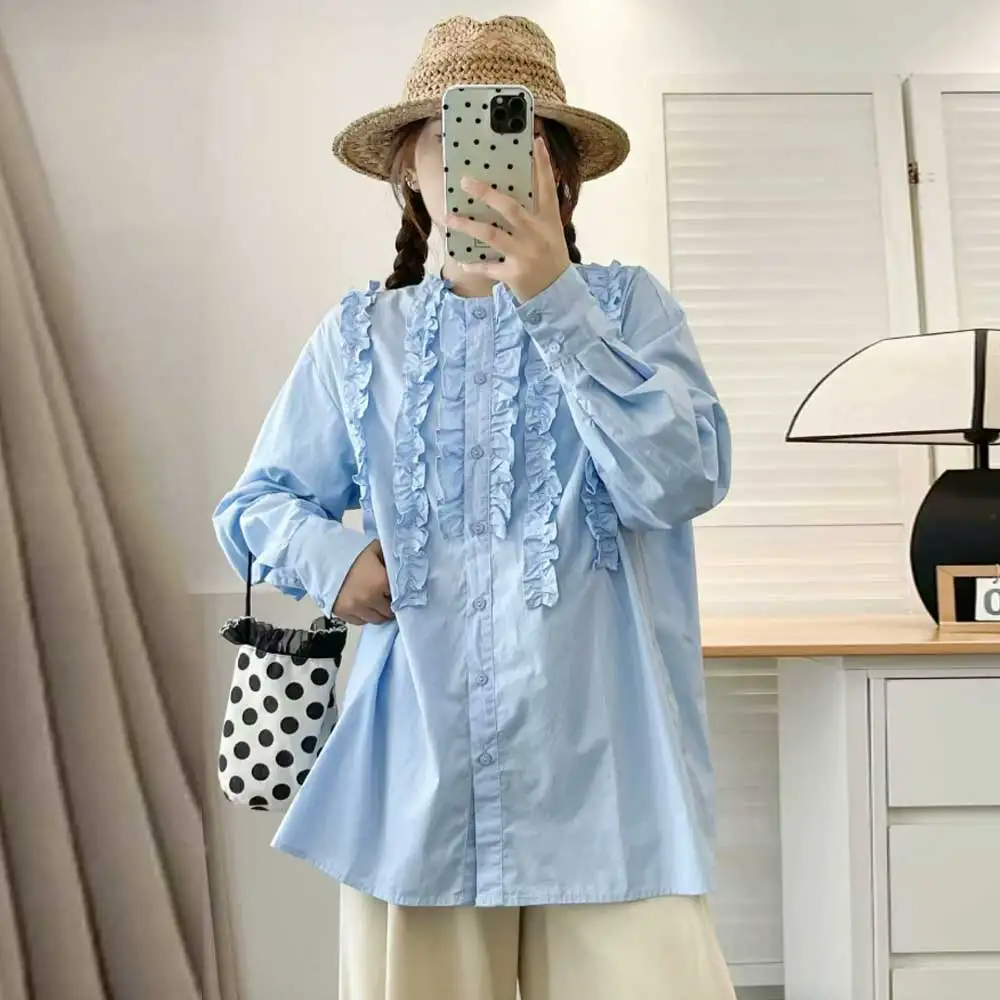 

Japanese Sweet Mori Girl Solid Color Edible Tree Fungus Shirts Women Autumn Stand Collar Long Sleeve Casual Loose Blouse Tops