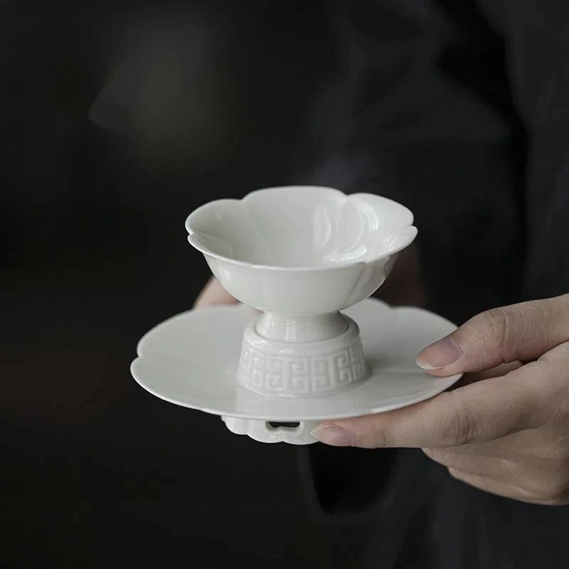 

40ml Imitation Song Dynasty Porcelain Master Cup Handmade Relief Lotus Cup High Foot Tea Bowl Chazhan Literati Kung Fu Tea Set