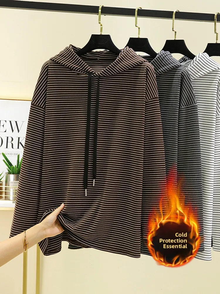 المرأة المتضخم طويل Sve Fce هوديي الخريف الشتاء الحراري تي شيرت ملابس خارجية تنوعا مخطط المخملية الدافئة