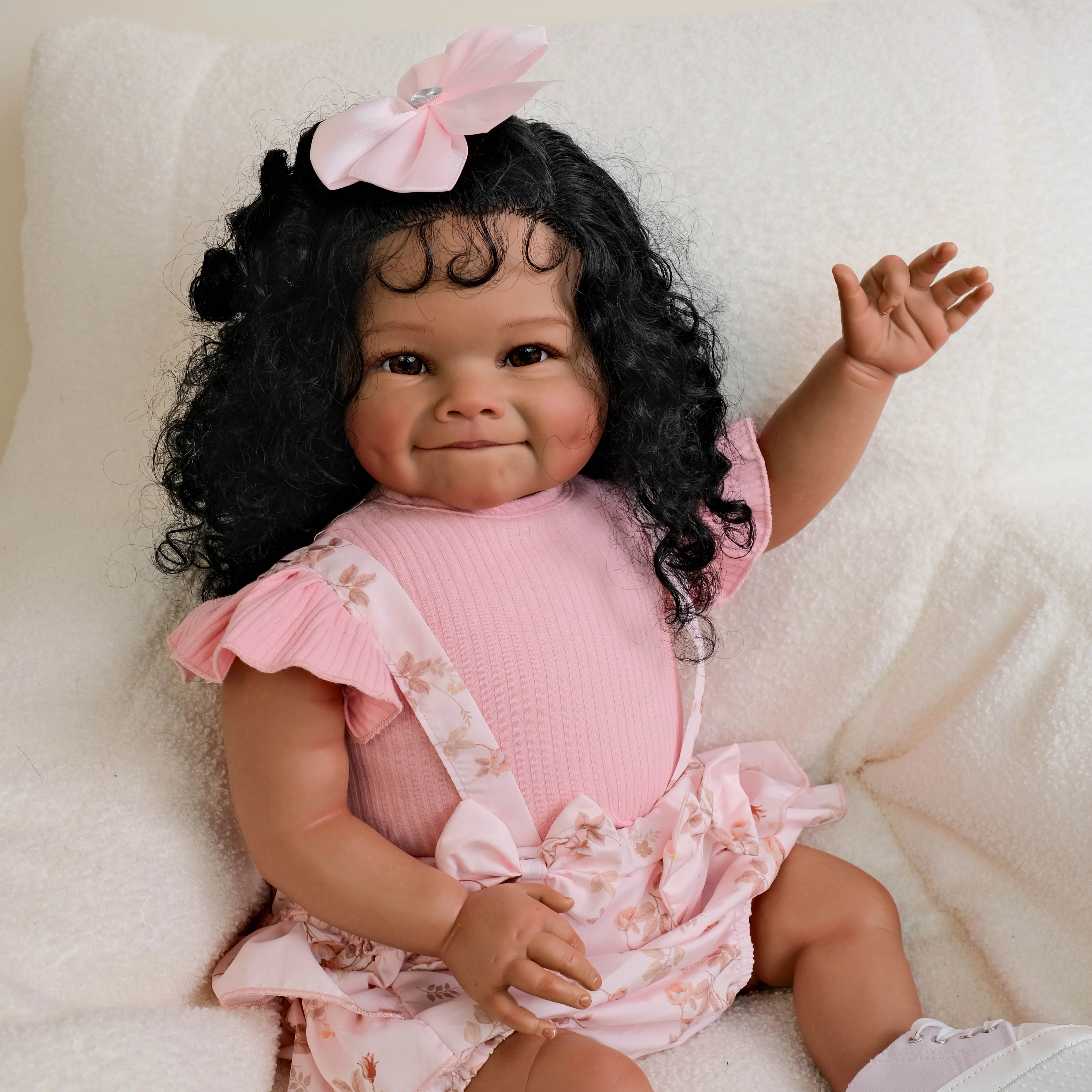 NPK 24inch Raya Reborn Toddler Girl Rooted Hair High Quality Dark Skin Painted Doll Soft Cloth Body 3D Skin