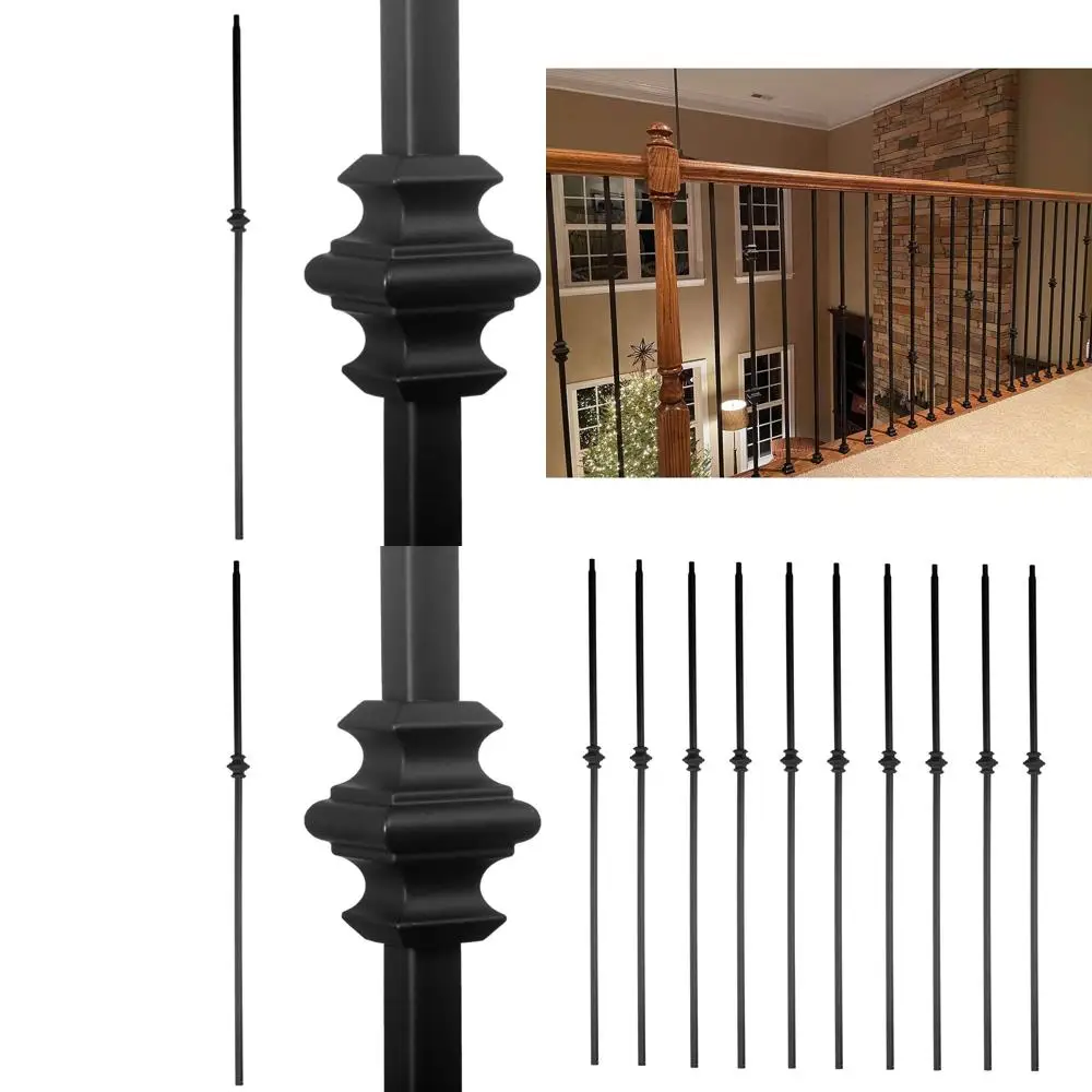 

Set of 10 Hollow Single Knuckle Iron Balusters for Decks and Spiral Stair Railing - 1/2-inch Spindles in Satin Black Finish