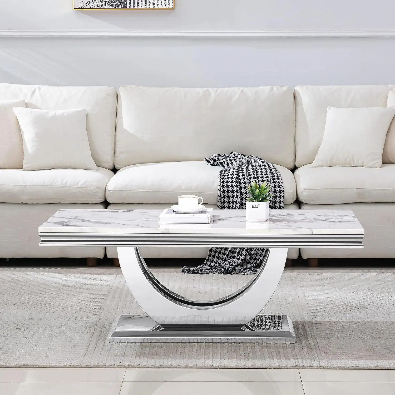 Rectangular Faux Marble Coffee Table, U-Shape Steel Base, Silver Finish, 0.71