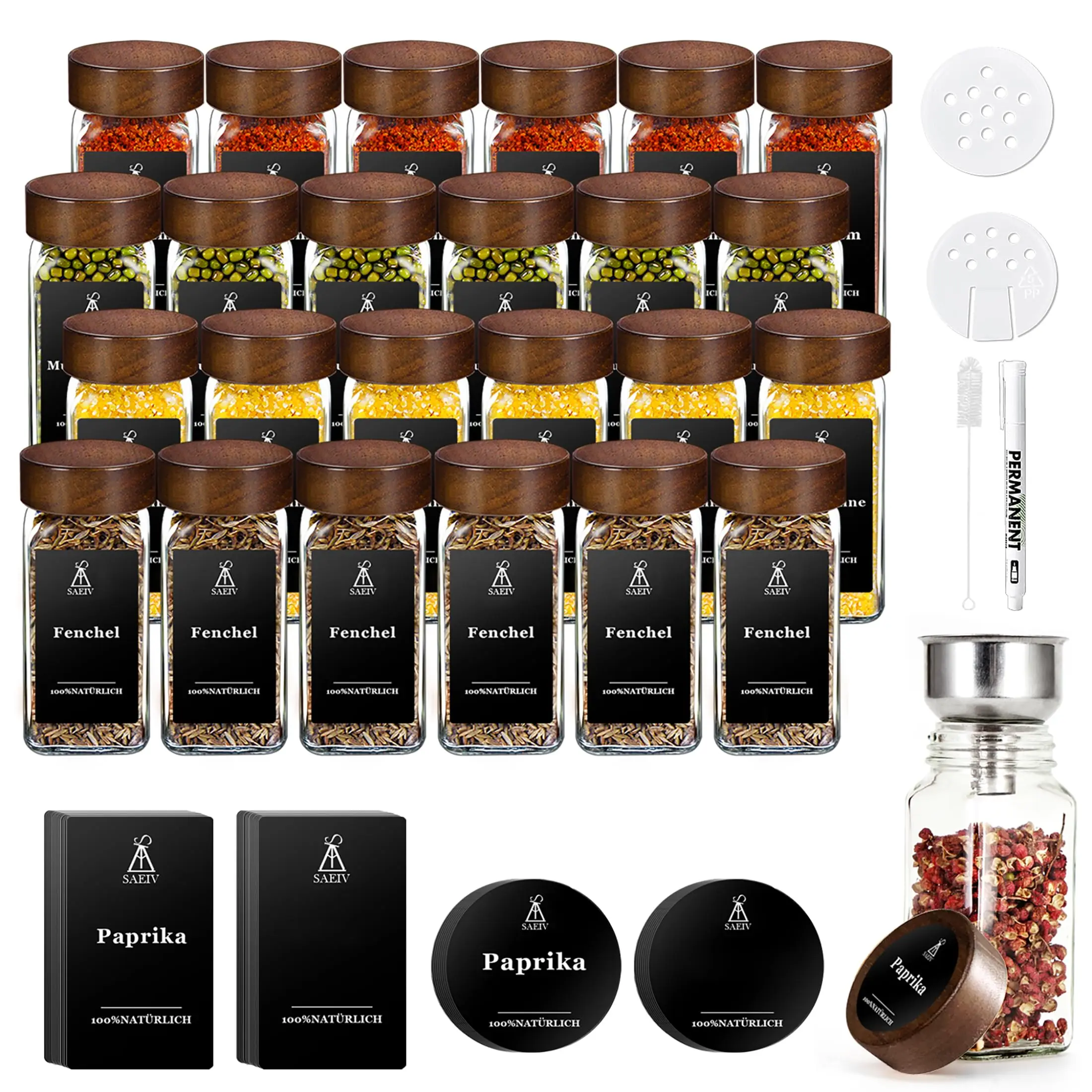 Barattoli di vetro per spezie da 12/24 pezzi con coperchi in legno di acacia Barattoli di condimento da 120 ml/4 once Bottiglie di stoccaggio per l'organizzazione e lo stoccaggio delle spezie