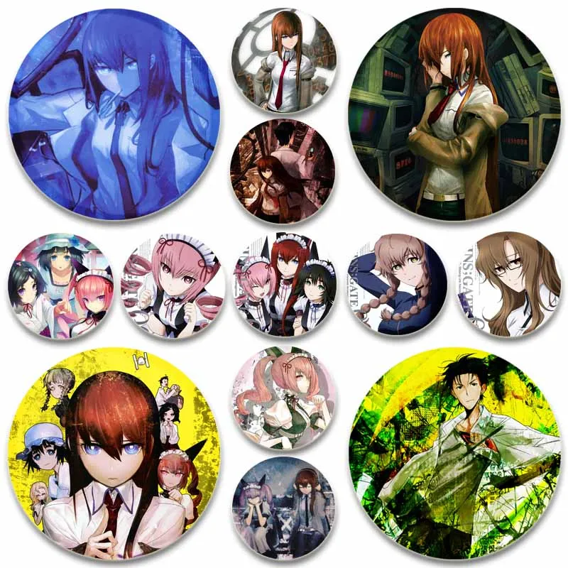 Anime Steins Gate Button Pins Okabe Kurisu Cartoon Badge Round DIY Creative Brooches for Backpack Jewelry Accessories Gifts