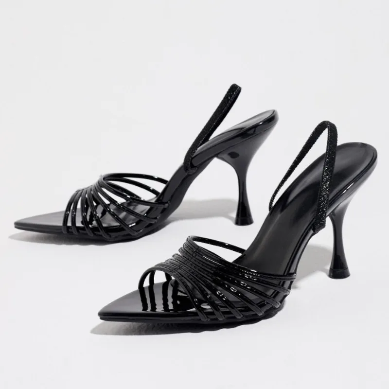 Sexy Narrow Band Designer Sandals Women Summer Open-toe Stiletto Heel Party Dress Shoes Black Elegant Slingback Heels for Women