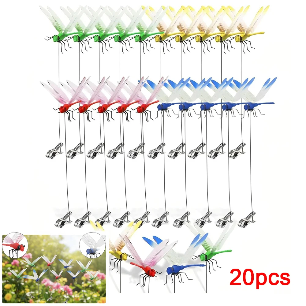 4-20 Pcs/set Dragonfly Hat Clip Realistic Decoys Simulation Garden Stake Decorate Outdoor Realistic Outdoor 3D Decorative Clips