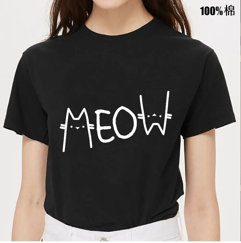 Meow Cat Print T Shirt Women Short Sleeve O Neck Loose Tshirt Summer Women Tee Shirt Tops Camisetas Mujer