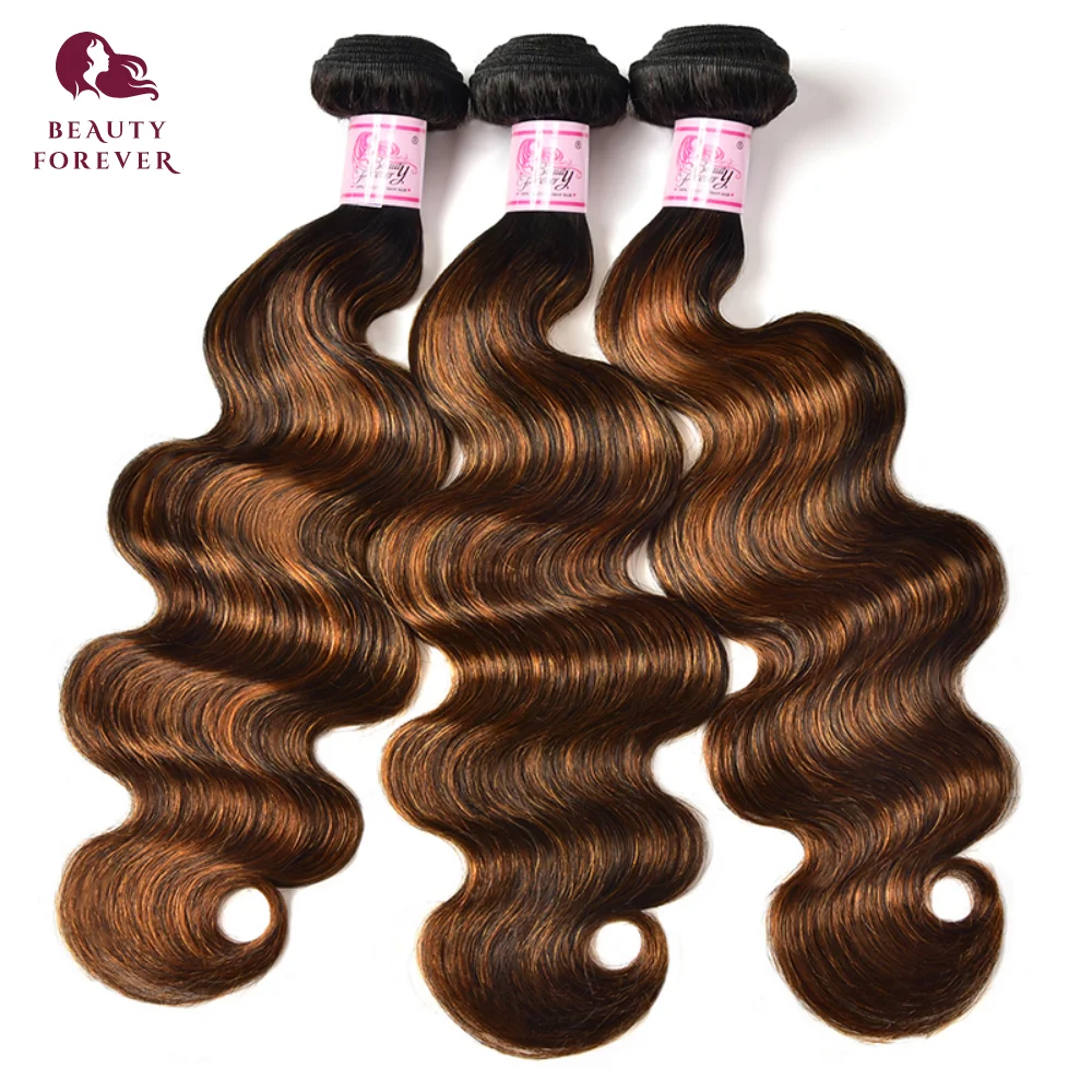 Beauty Forever-Bundles de cheveux humains bouclés, Tissage de cheveux humains, Bouclés, Brun ombré, Surbrillance colorée, Optique 12A, Fin Body Wave