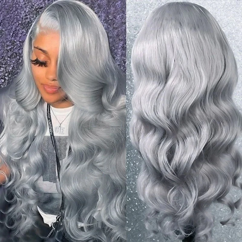 Silver Grey Lace Front Wigs Human Hair Lace Frontal Wig Brazilian Gray Colored Body Wave Lace Closure Wigs Pre-Plucked for Women