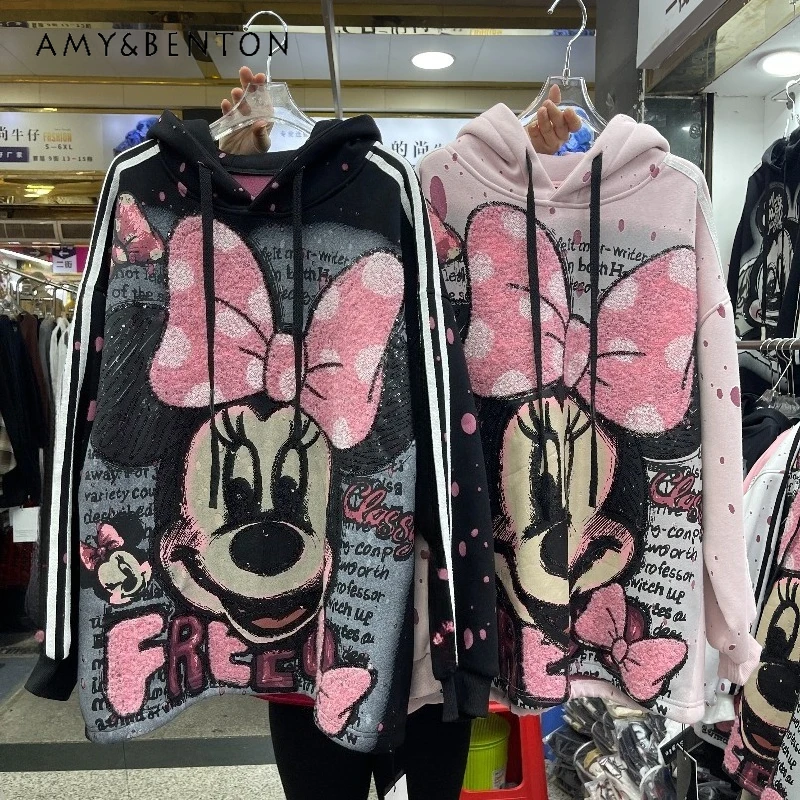 

2025 Winter New Y2k Loose Oversized Hoodies Jacket Heavy Industry Cartoon Hooded Fleece Sweatshirt Long Sleeves Hooded Top Coat