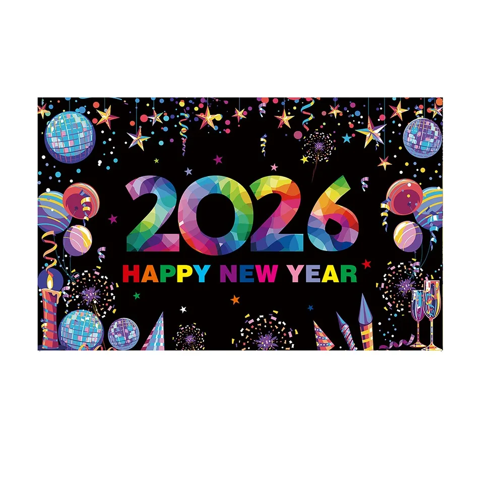 

Black Gold 2026 New Year Backdrops Colorful Balloon Polyester Celebration Banner Champagne Night Glittering New Year Banner