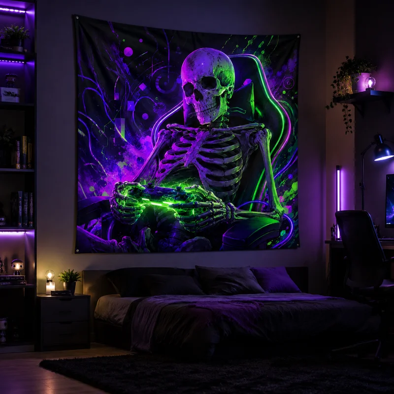 VIKAMA Dancing Skeleton Tapestry, Neon Dancing Wall Hanging Fabric, Psychedelic Rock Wall Hanging Decoration, Home Decoration