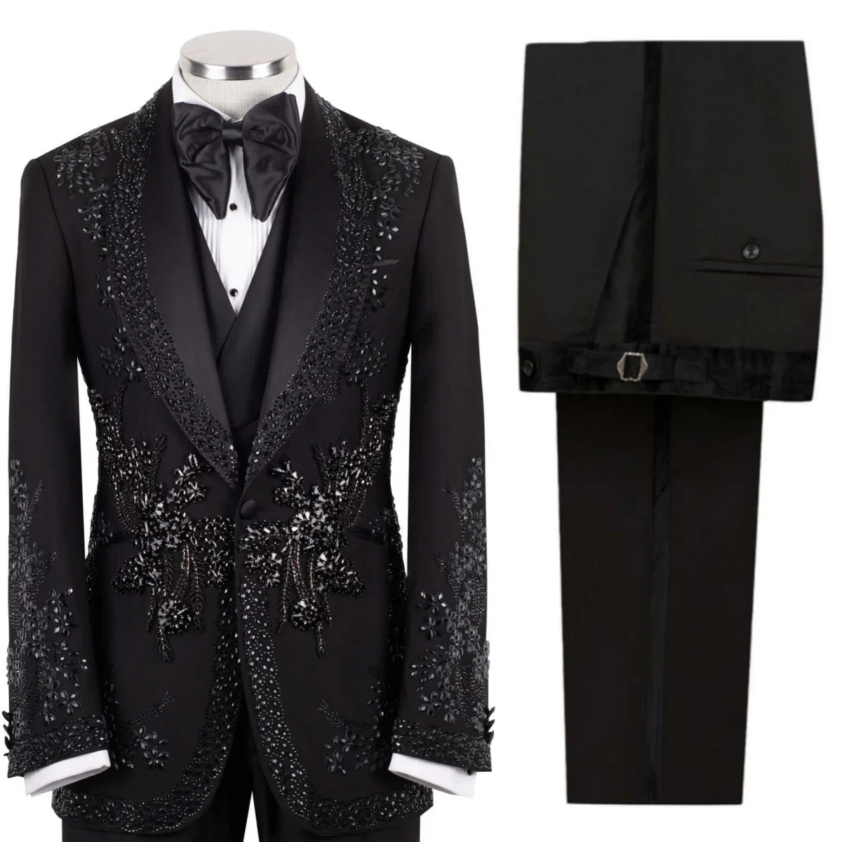 Exquisite Wedding Tuxedos 2 Piece Set Beaded Crystal Men Suit Fashion Shawl Lapel Jacket Pants Evening Blazers Party Customized