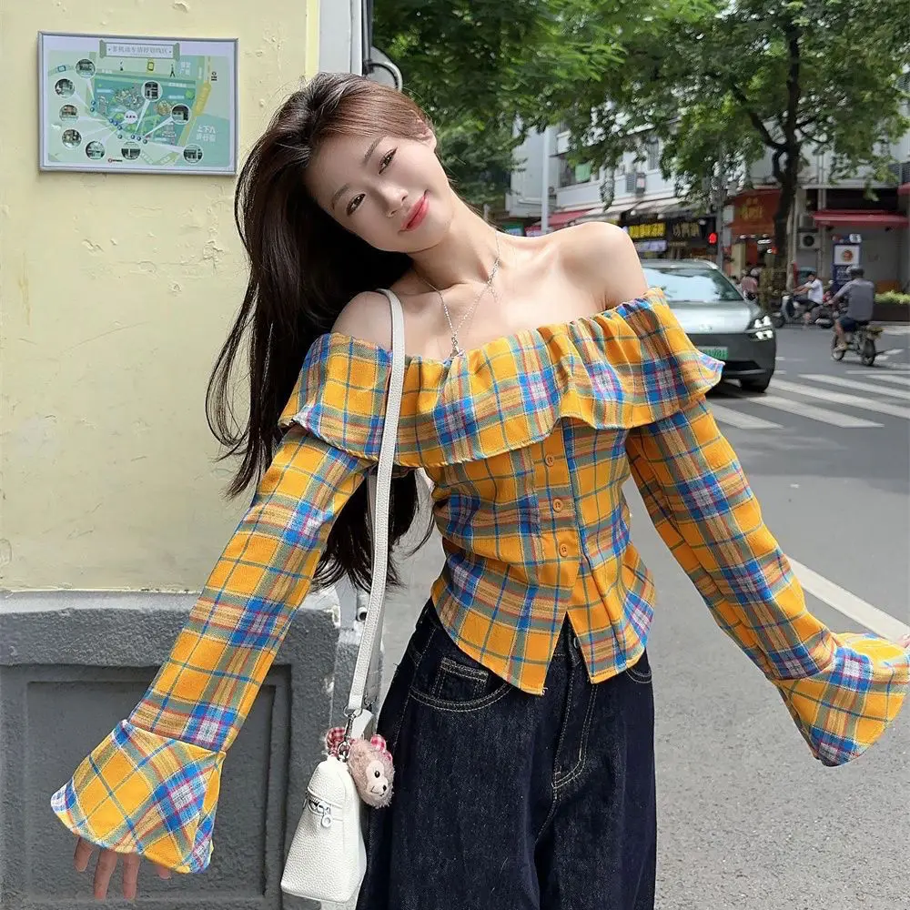 Y2k Sweet Ruffled Plaid Shirt One-shoulder Strapless Flared Sleeves Autumn New Vintage Slim Spice Girls Shirt Women Short Tops