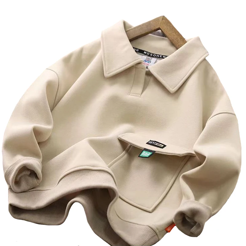 4 5 6 8 10 12 14 Years Boys Hoodies Autumn Spring New Solid Color Lapel Long Sleeve Sweatshirt For Teen Boys Casual Pullover