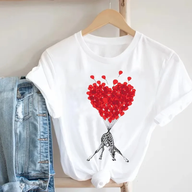 

White Women's Casual T-Shirt Black Line Combination Pattern Cross Heartbeat Wave Heart Minimalist Personalized Fashion Top
