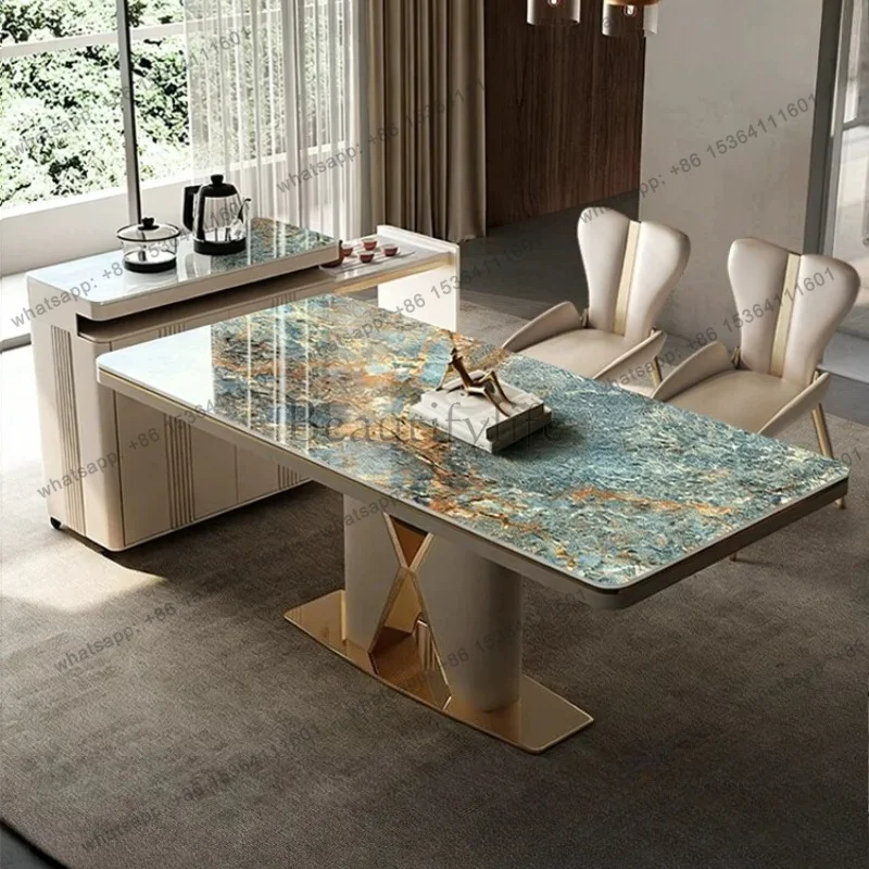 FG Modern Retractable Mobile Kitchen Island Dining Table Premium Italian Light Luxury Rock Slab Dining Tables Chair Home Furnitu