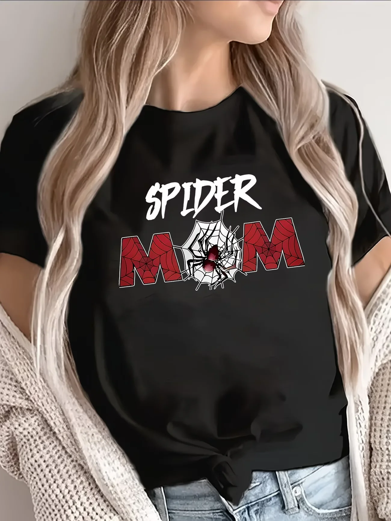 Camiseta Spider Mom para mujer, top informal de manga corta con un diseño gráfico llamativo, ideal para el hogar, la cena o actividades al aire libre