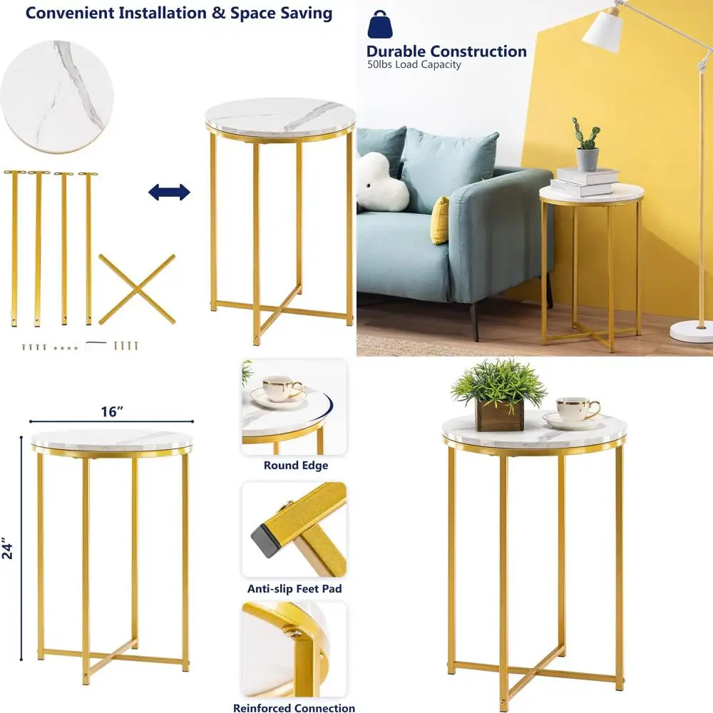 

Элегантный столик с золотыми акцентами, столешница из искусственного мрамора, металлический каркас, подходит для гостиной и спальни