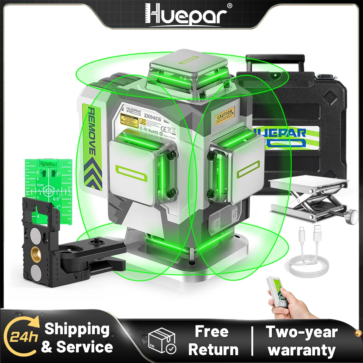 Huepar ZK04CG-L nivel láser de línea cruzada 4D profesional ± 2mm/10m precisión herramientas láser verdes autonivelantes con batería de iones de litio