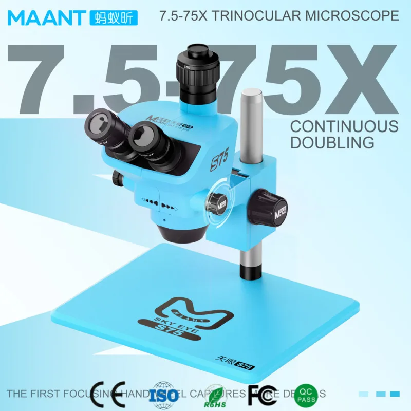 MAANT S75 Trinocular Microscope 7.5-75X Continuous Zoom PL10X27 Eyepiece for iPhone PCB Soldering Phone Repair Precision Tool