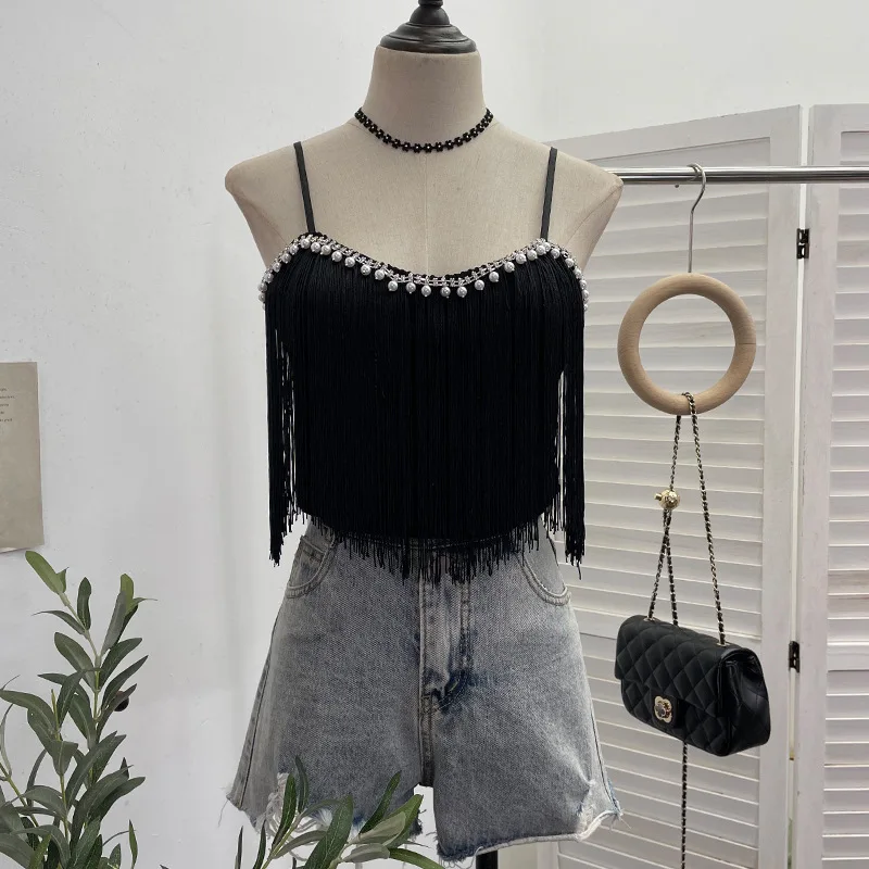 タッセルトリム ダイヤモンド装飾 パール装飾 スウェット アウターベストトップ レディースファッション 春秋 2024