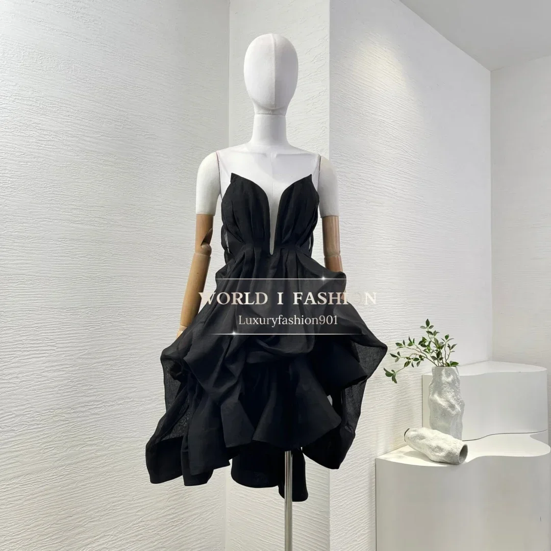 

Women's Elegant Black Sleeveless Ruffles Tube Irregular Hem Mini Dress High Quality Linen Silk 2025 New