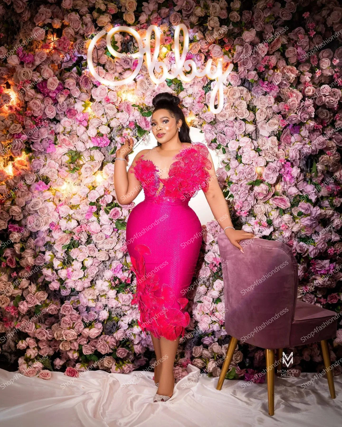 Charming Rose Red Flowers Mermaid Evening Dresses Sexy V Neck Ruffles Satin Prom Party Gowns Tea-length Aso Ebi Africa Prom Dres