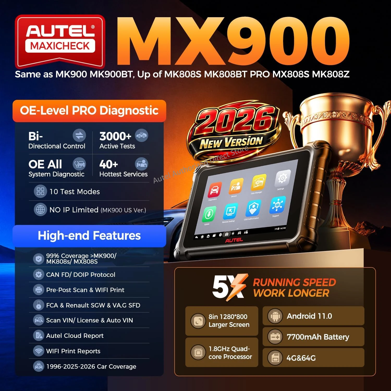 Autel MaxiCheck MX900 Car Diagnostic Tools Automotive Scanner, Pre&Post Scan, DoIP CAN FD, WIFI Print Upgraded of MK808S MX808S