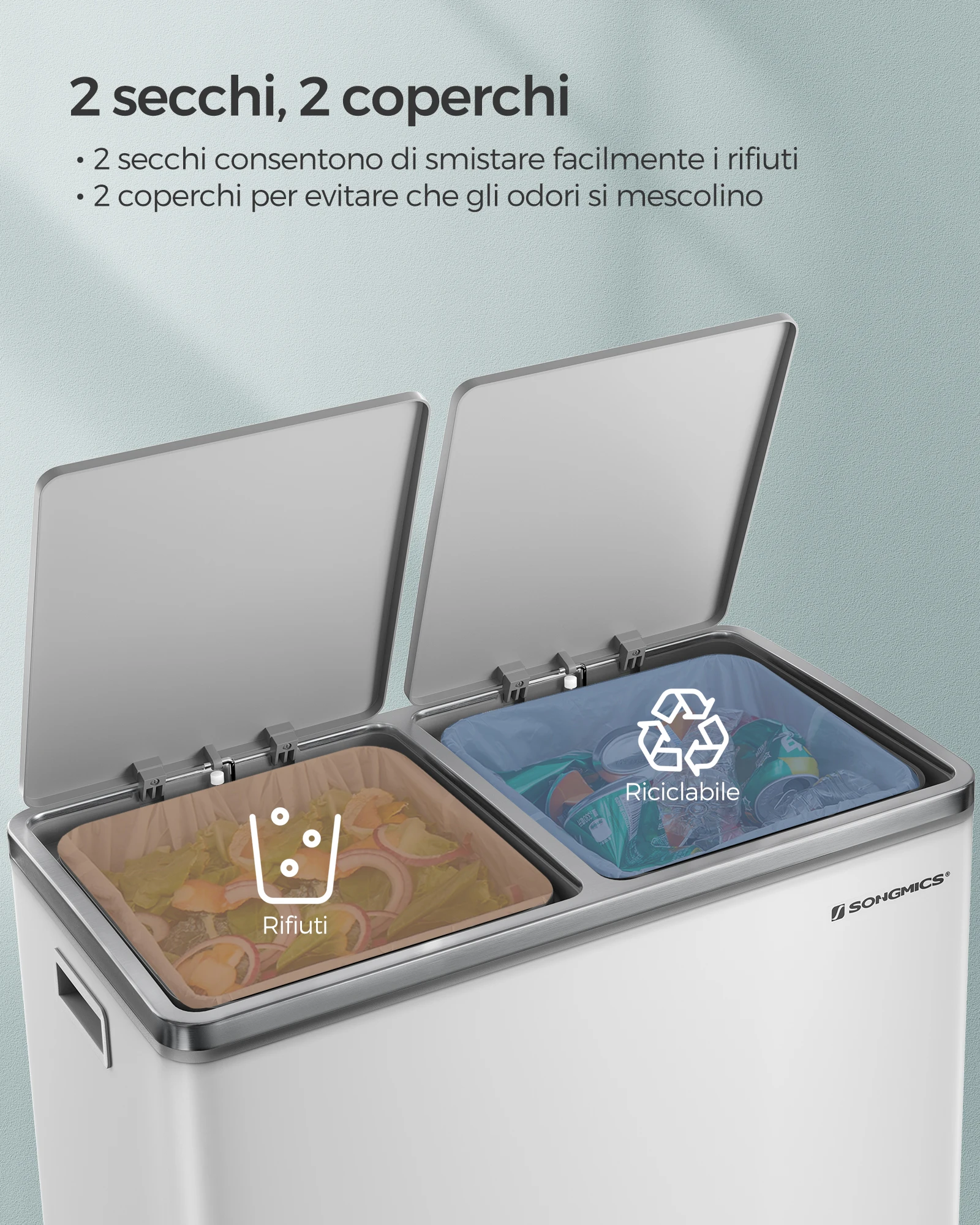 SONGMICS Double Compartment 2 x 30L Rubbish Bin: Metal Foot Pedals, 15 Plastic Buckets, Lids, Handles, Soft Close, Cream.