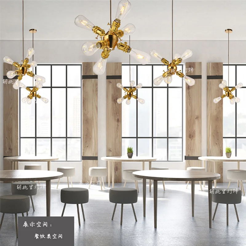 Industrial American Retro Multi-Head Pendant Light Golden Creative Dining Lamp for Barbecue Shop, Hot Pot Restaurant