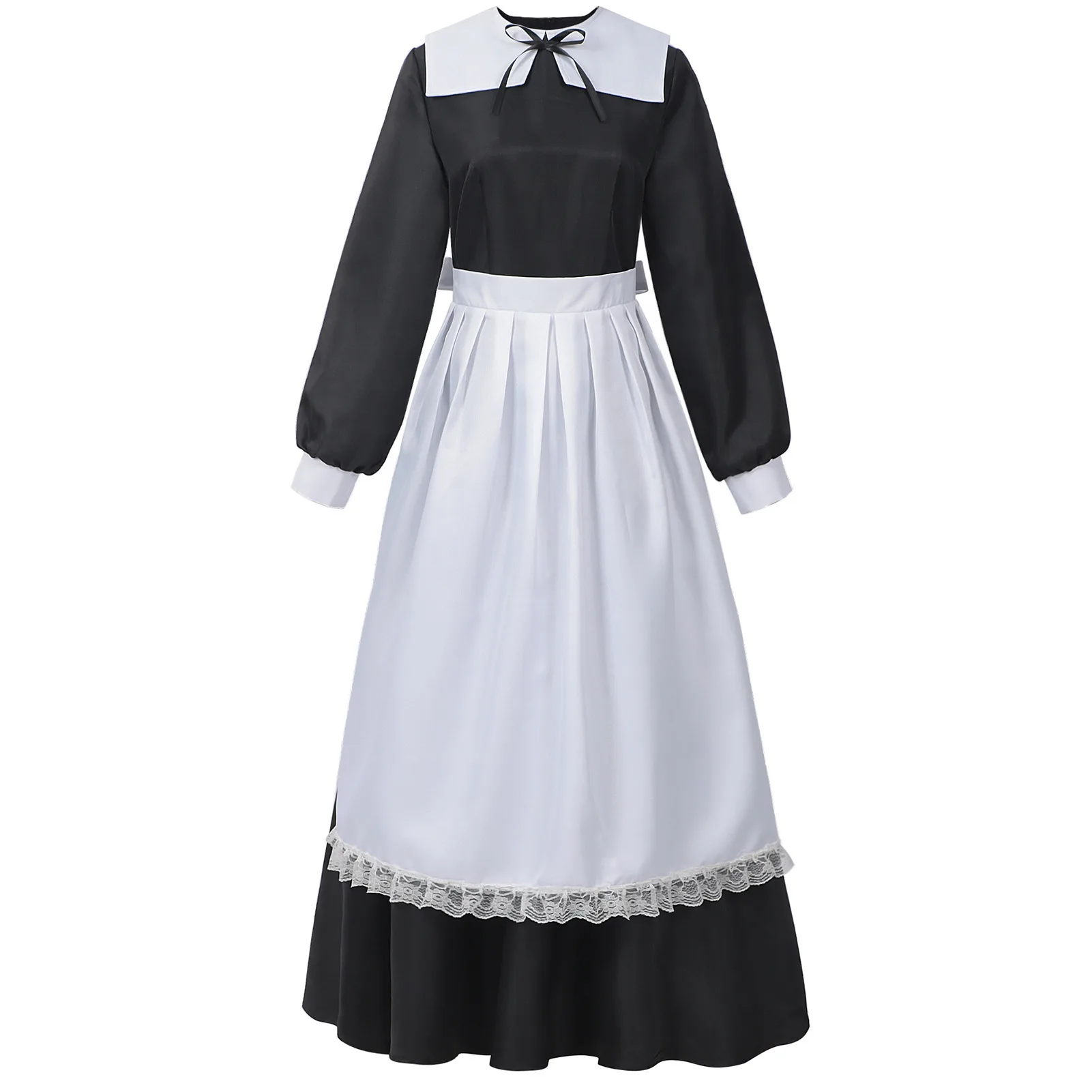 Damen Übergröße Langarm Dienstmädchen-Kleid Kolonialzeit Kawaii Spitze Kellnerin-Uniform Halloween Cosplay Kostüm