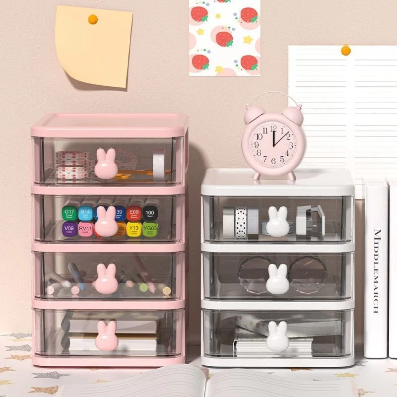 Multifunctional Desk Drawer Organizer Pen Holder and Hair Accessories Storage Rack Transparent Plastic Bunny Desktop Storage Box