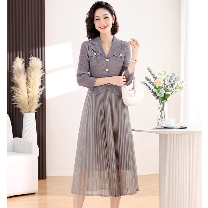 2024 Spring New Pleated Dress Women\'s Suit Collar Long Sleeve Mesh Splice Elastic Waist Fake Two Knee Length Dresses