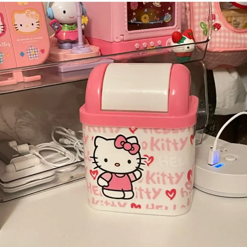 Hellokitty Desktop Trash Can Kawaii Cute With Cover Creative Mini Bedroom Home Countertop Storage Student Girls Room Decortion