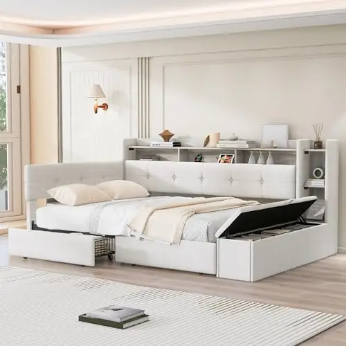 Twin Size Daybed with Storage, 2 Drawers, Upholstered Corner Bed with USB Charging & LED Light, for Bedroom, Guest Room