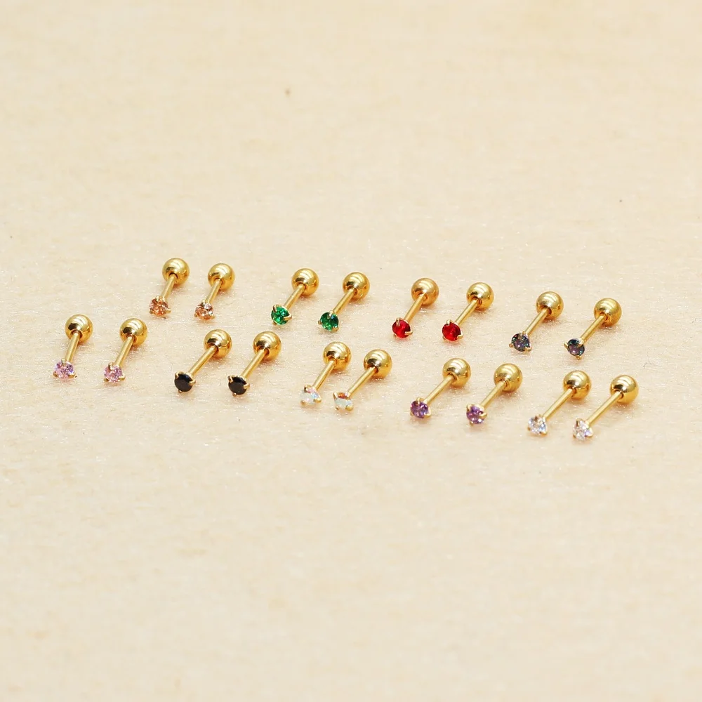 20G Mini 2MM Colorful AAA Zircons Stainless Steel Screw Back Stud Earrinngs Delicate Jewerlry