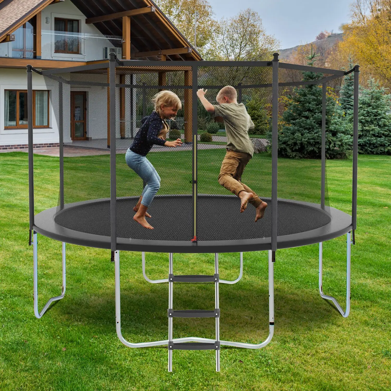 NEW 10FT Trampoline with Safety Enclosure Net, Outdoor Trampoline with Heavy Duty Jumping Mat and Spring Cover Padding for Kids