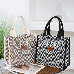 Chevron Pattern Canvas Tote Bag, Retro Letter Patch Decor Handbag, Women's Causal Shopper & Commuter Bag