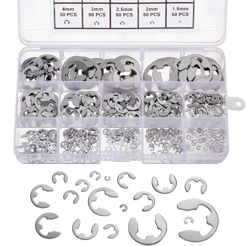 400Pcs 304 Stainless Steel E-Clip Retaining Ring Assortment Kit 1.5-15mm E Type Circlip Snap Ring Set with Storage Box