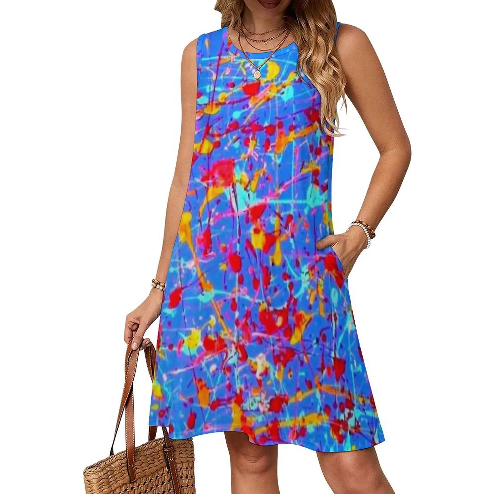 Blue Abstract Splash Print Casual Dress Sleeveless Trendy Dresses Female O Neck Korean Fashion Dress Daily Printed Clothing Gift