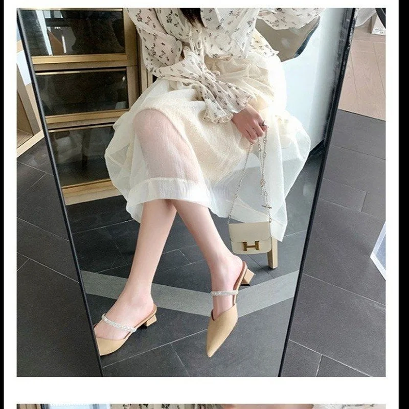 Party Women Mules Slipper Pointed Toe Block Strap Shallow High Heels Shoes Sandals Black Apricot Square heel Pumps