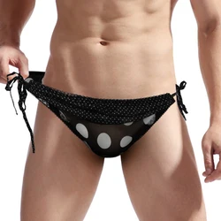 Ropa interior Sexy para hombre, bragas finas de lunares con cordones, bolsa para bulto, Tanga, lencería erótica, triángulo Gay, Sissy