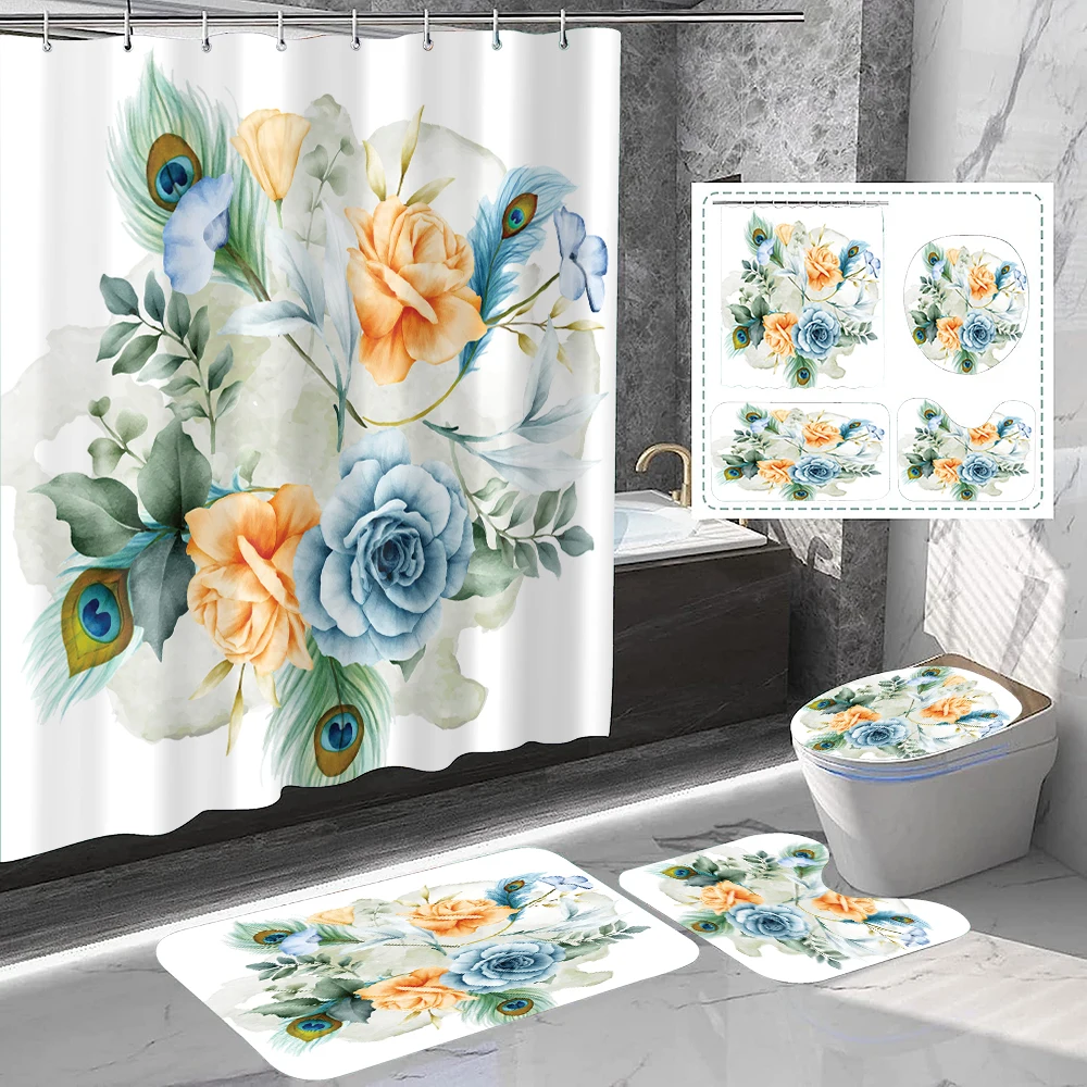 

1 комплект синих и желтых занавесок для душа с цветочным принтом из павлиньих волос, естественный и свежий стиль, с пластиковыми крючками и ванной комнатой.