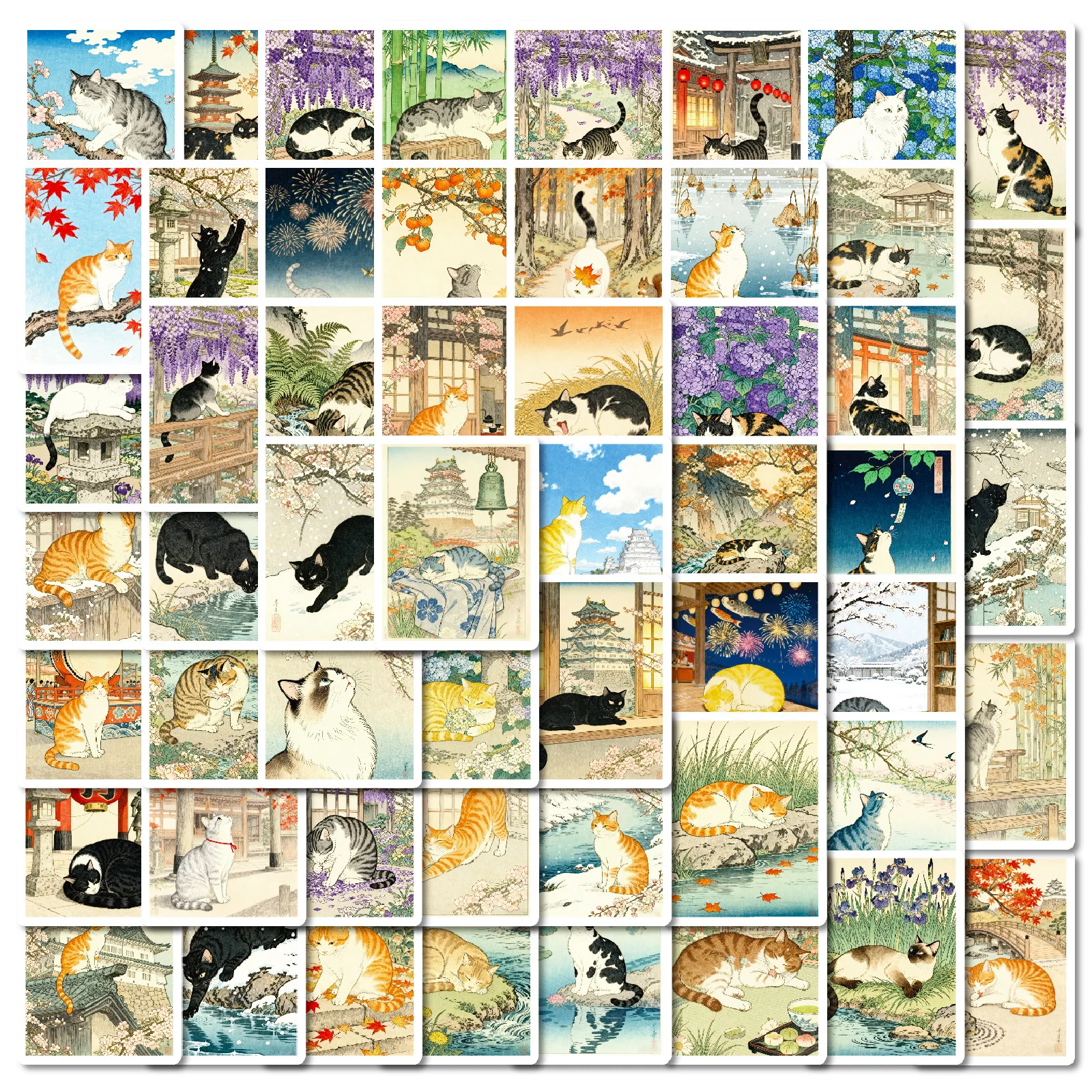 56 Pcs Vintage Ukiyo‑e Style Japanese‑Courtyard‑Themed Cat Illustration Stickers for Journals & Planners