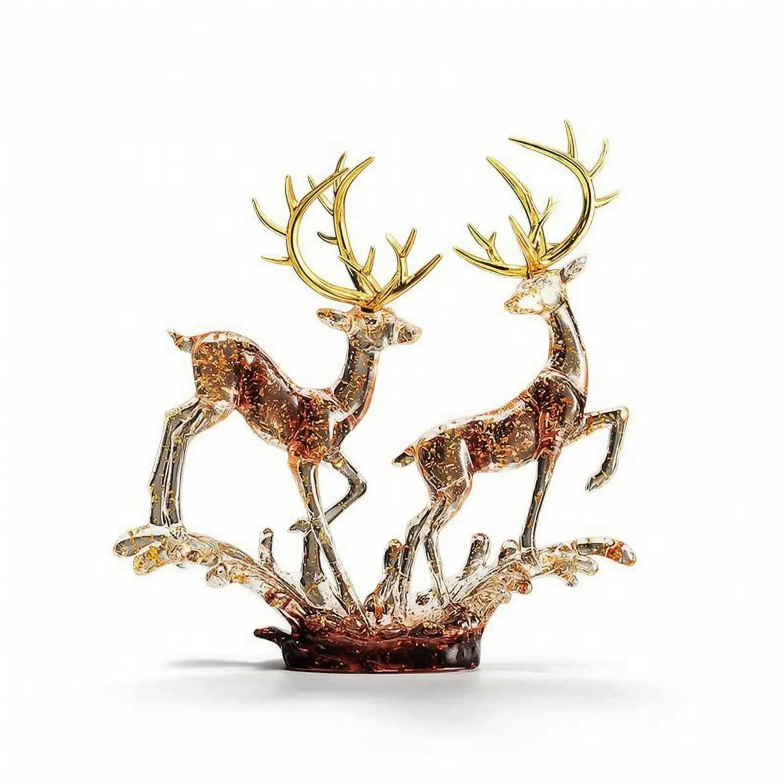 Deer Statue with Wave Base Resin Tabletop Ornament Amber-Toned for Console Table