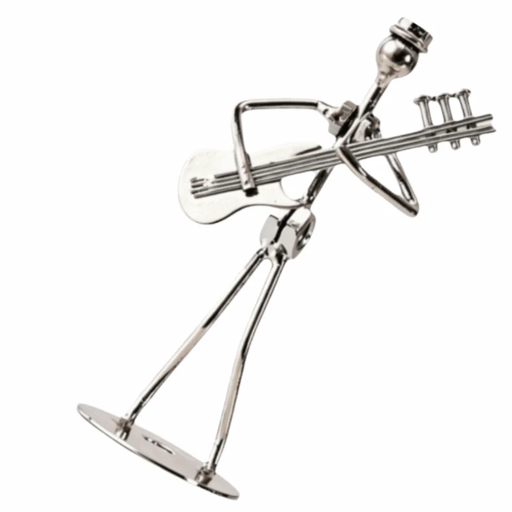 Iron Materia Metal Musician Sculpture Electroplated Finish Silver Electric Guitar Player Statue Desktop Size Musician Man Decor