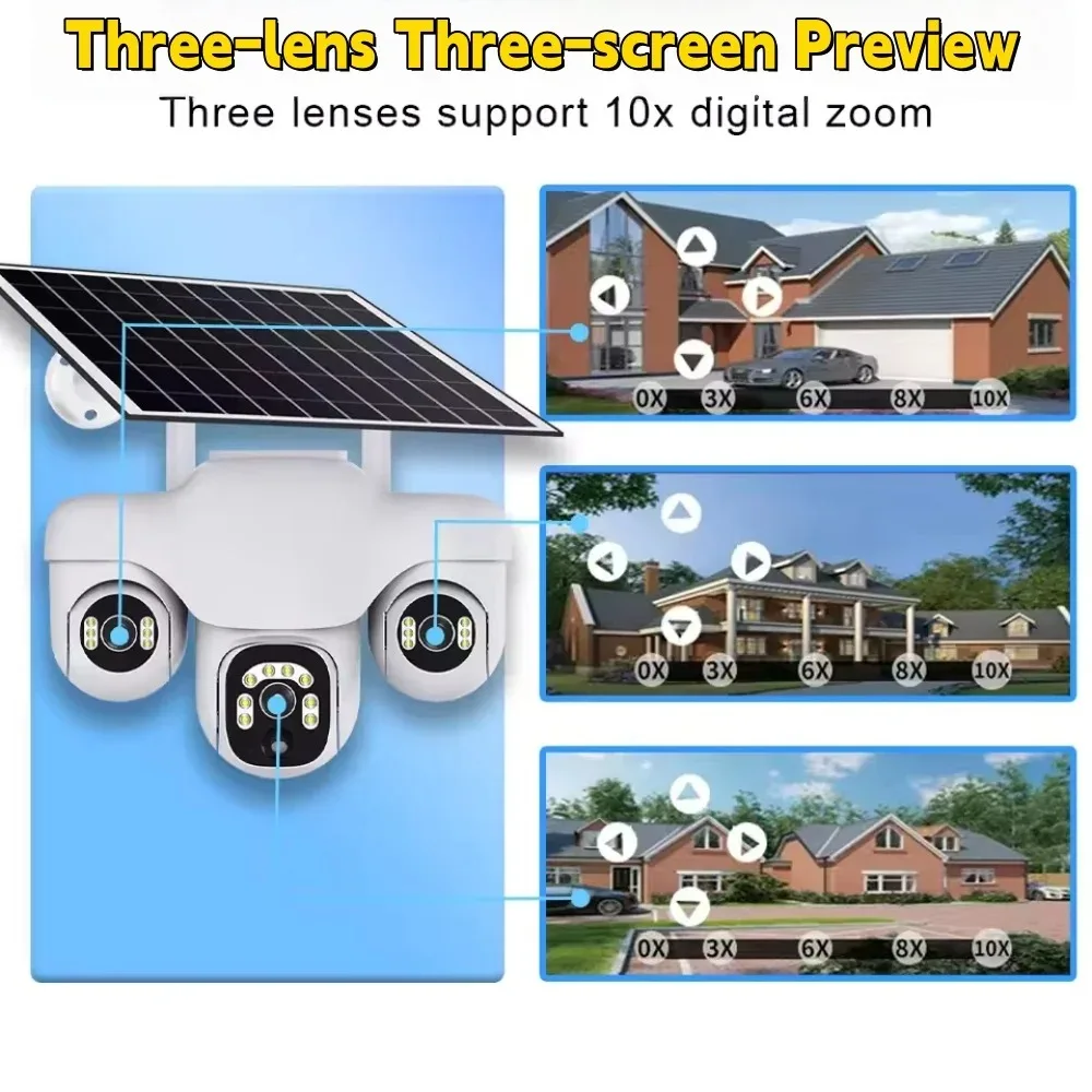 Camera 360° Outdoor 4G Solar Camera 15MP HD Triple Lens Waterproof CCTV Night Vision Two-Way Audio Camera Mobile Tracking IP Cam